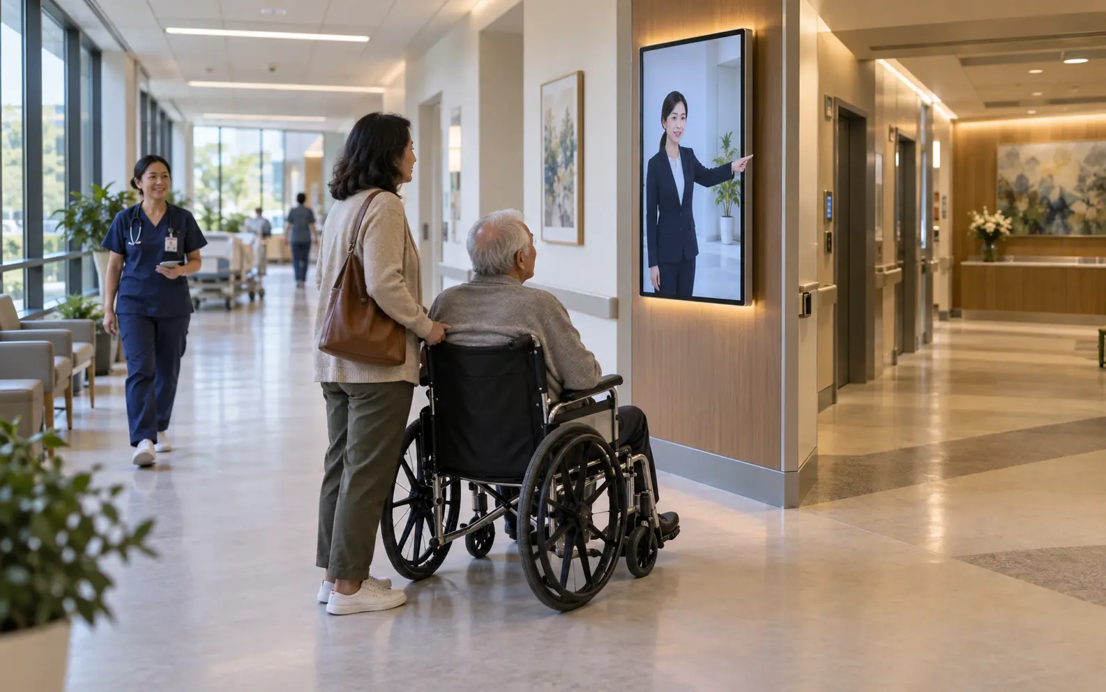 Patient and family receiving AI wayfinding assistance in a hospital corridor