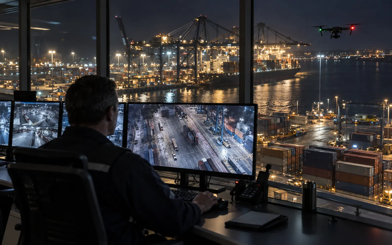 Port security operator supervising an autonomous night patrol
