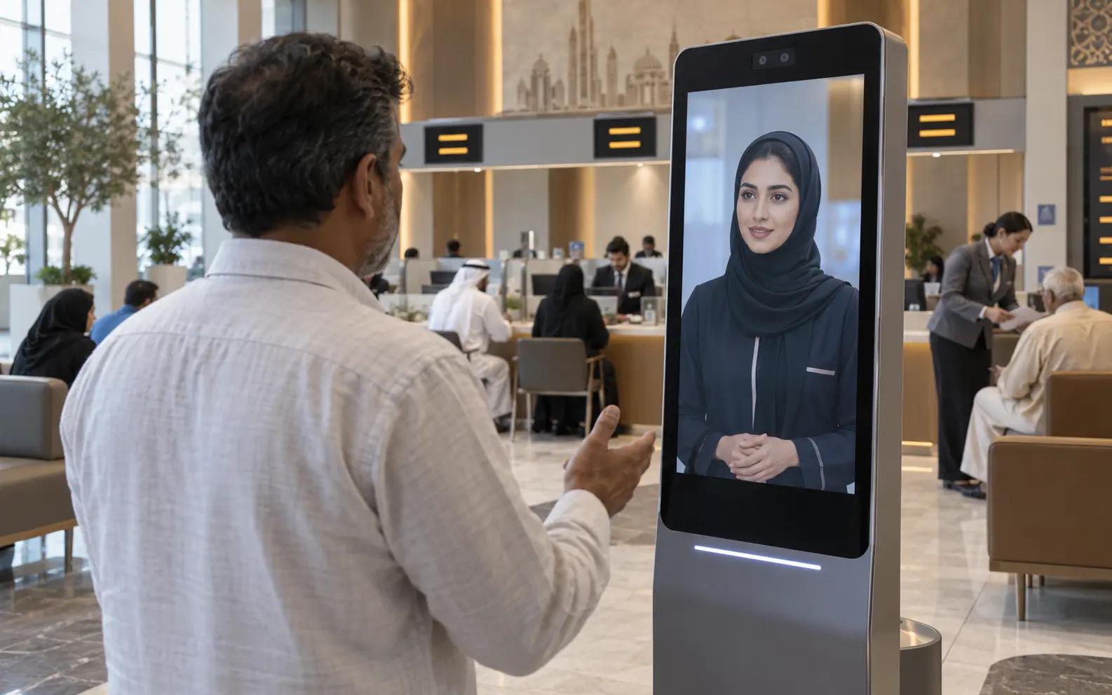Citizen using an AI service concierge inside a government service centre