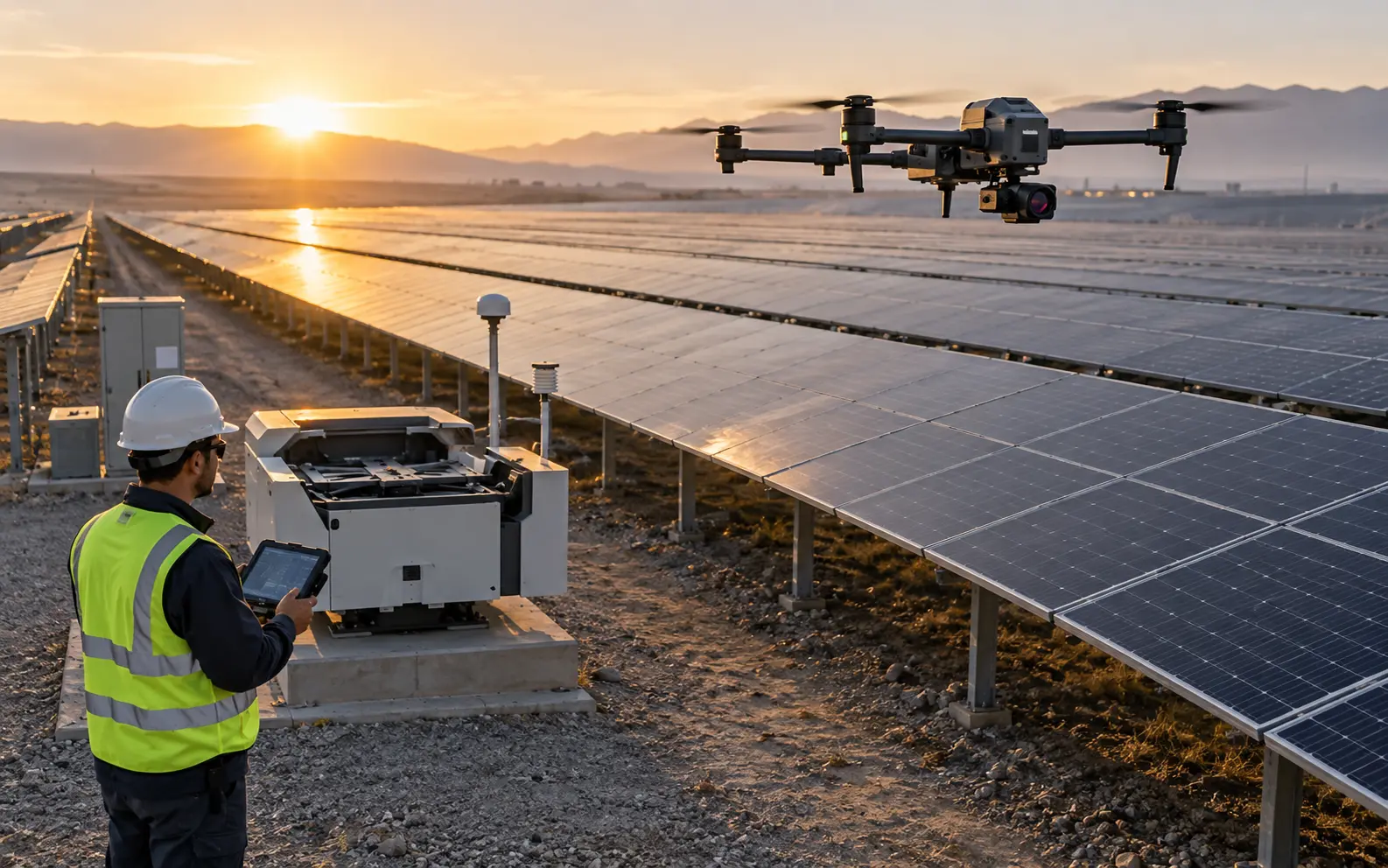 Technician supervising an autonomous docked drone inspection at a solar farm