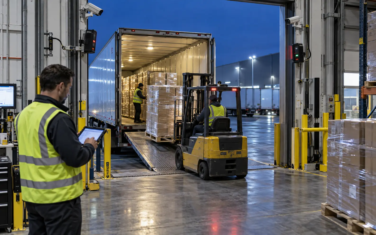 Supervisor reviewing dispatch evidence as pallets are loaded into a truck